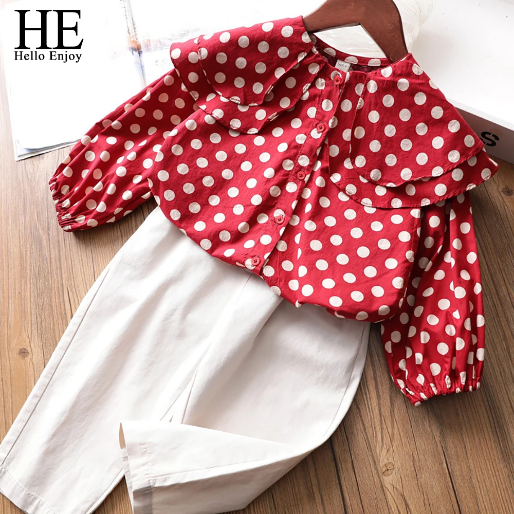 

HE Hello Enjoy Spring Autumn Girls Clothing Sets Red Dot Shirt+Solid Long Pant Kids Clothes For Girl Princess Style Fashion 2-6Y