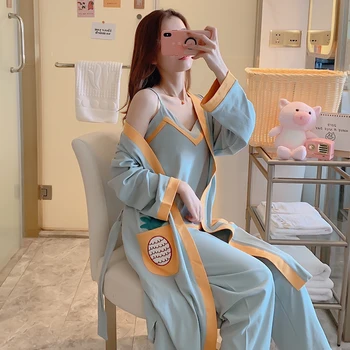 

Pajamas Women's Spring and Autumn Long-Sleeved Korean Winter Cute Three-Piece Nightgown Thin Summer Strap Summer Cotton Tops