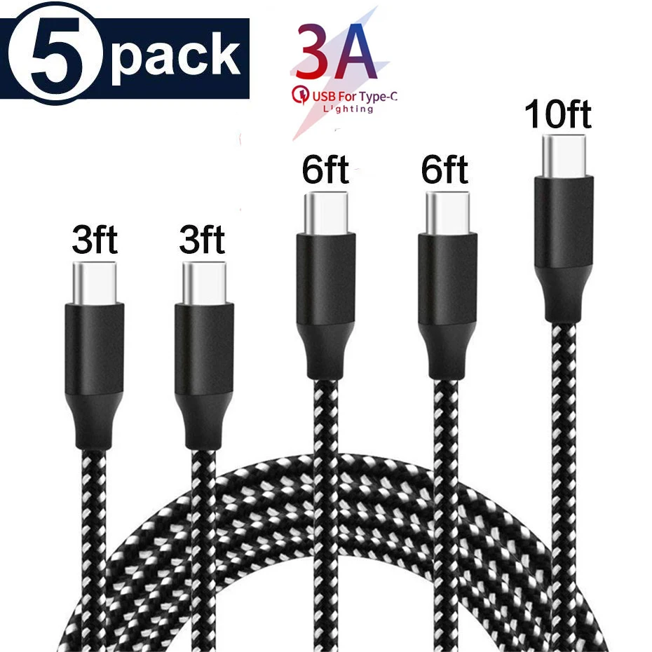  5Pack(3/3/6/6/10FT) USB C to USB C Type C Cable 3A Fast Charging Data Charger Cable for MacBook Pro