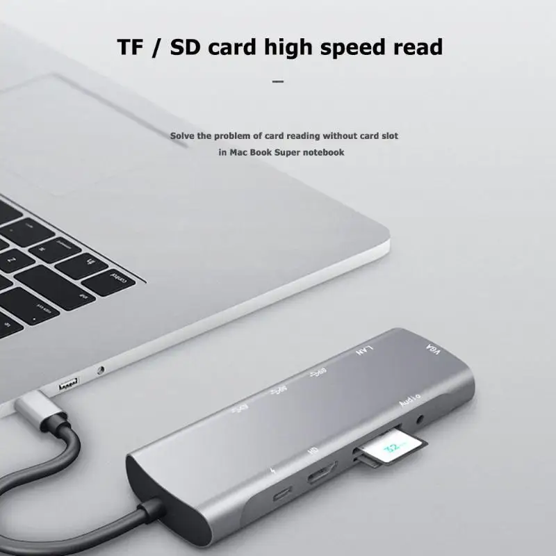 Прочный type-C концентратор Многофункциональный 10 в 1 type-C концентратор для HDMI VGA USB3.0 TF RJ45 AUX PD конвертер удлинитель адаптер