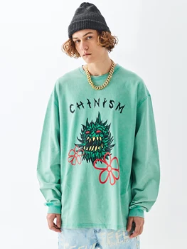 

Chinism spring printed long sleeve t-shirt men's fashion brand loose hip hop round neck top pure cotton street fashion clothes