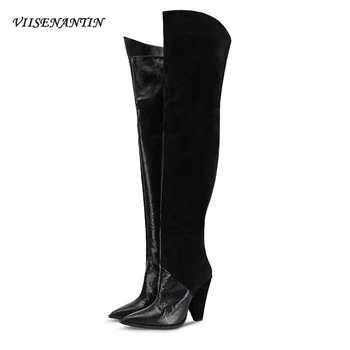 

Black Snake Pattern Kid Suede Long Chelsea Boots Spike High Heels High Quality Fashion Slip on Shoes Designer for Women Girls