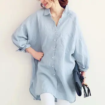 

Trendy Elegant Women Blouse Shirt 2020 Autumn Ladies Office OL Turn-down Collar Loose Long Blouse Tops Blue White Shirts Blusas