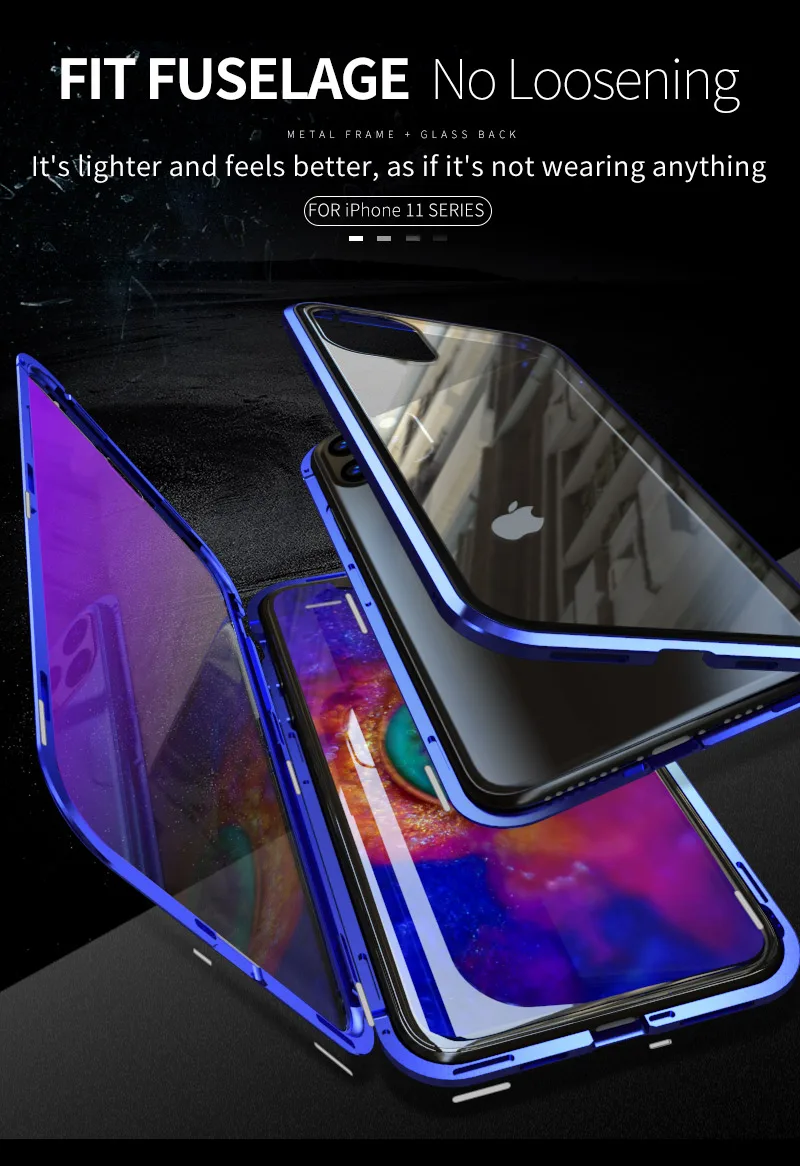 Роскошный противоударный защитный чехол для телефона, чехол для iPhone 11 Pro Max, синее закаленное стекло и Алюминиевый металлический магнитный чехол
