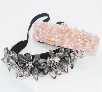 

Baroque luxury exaggerated crystal beads hairbands transparent drops porcelain flower court party elastic hair accessories
