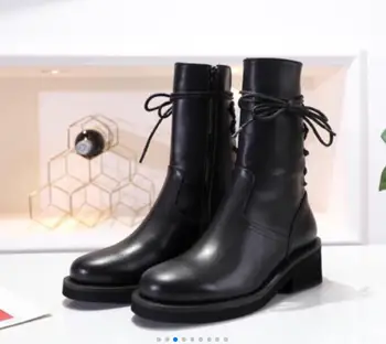 

Back Lace-up Martin Boots Women's Back Lace-up Side Zip Black Leather Martin Boots