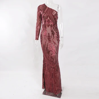 

One Shoulder Long Sleeve Bodycon Stretchy Sequin Maxi Dress Floor Length Lining Burgundy Tight Party Dress Green