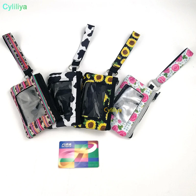 50pcs Neoprene Card bag Pocket Women Mini Wallet Ladies Hanging Bag Coin Purse Waterproof Credit ID Card Slot Case with Lanyard