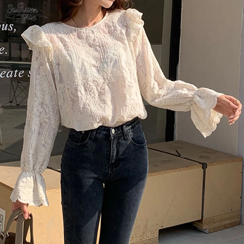 

2023 Elegant New Casual Loose Crochet Lace Shirt Tops Autumn Flare Sleeve Ruffle Blouse Women O-neck Women Clothing Blusas 16855