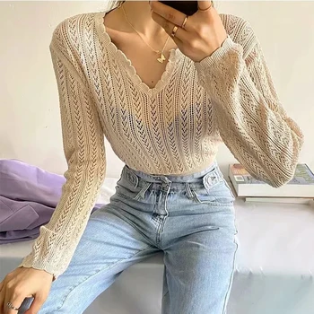

Hollow V-Neck Autumn Knitwear Sweater Women Knitted Sexy Sweaters Lantern Long Sleeve Ladies Lace Shirt Pullovers Tops Sweater