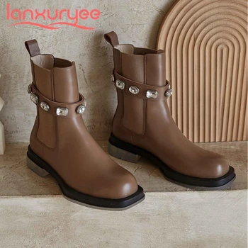 

Lanxuryee 2021 winter new boots natural leather crystal belt buckle round toe thick med heel slip on pretty girl ankle boots L36