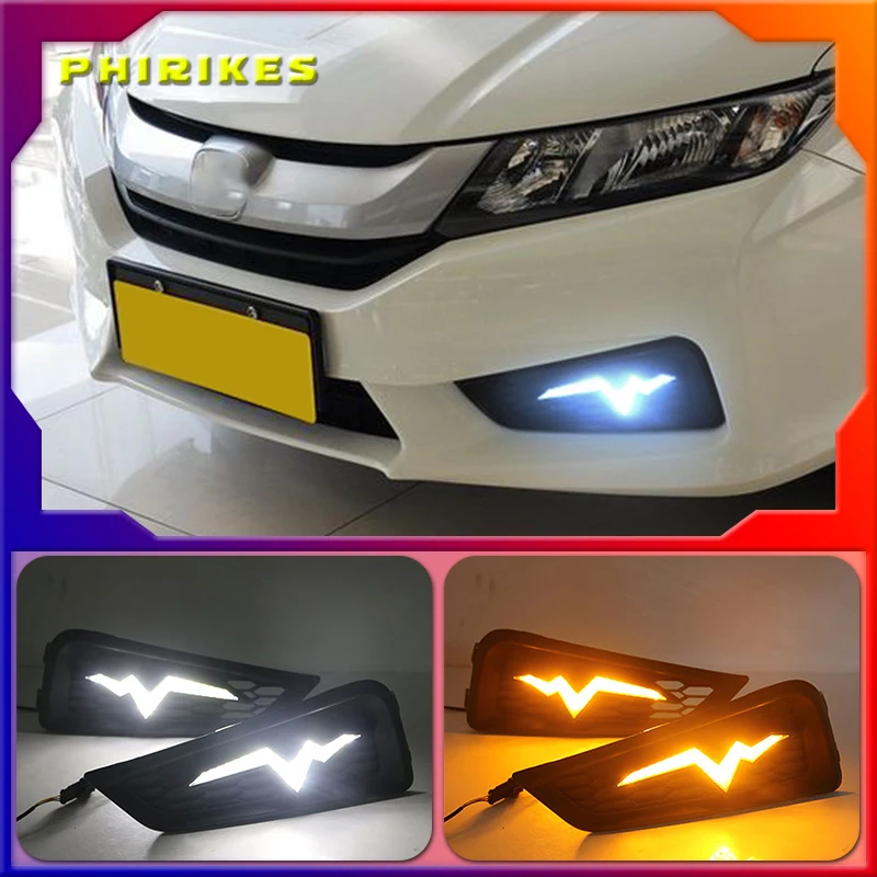 

For Honda City 2015 2016 fog lamp cover drl with yellow turn signal light car styling LED daytime Running Lights