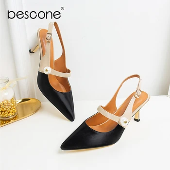 

BESCONE New Elegant Women Pumps Narrow Band Pearl Decoration Mixed Colors Slingbacks Pointed Toe Party Shoes Slip-On Pumps BO454