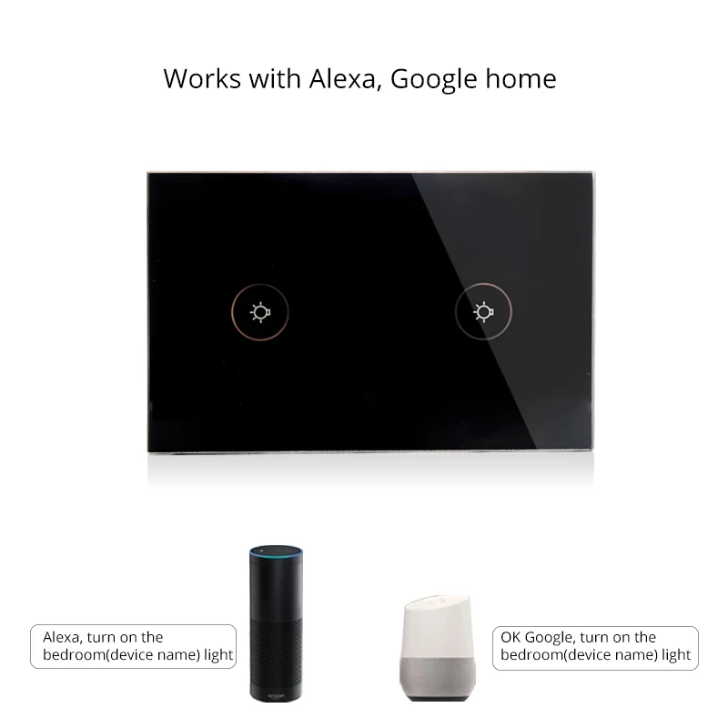 Wifi Smart Black Wall Switch US Socket 2Gang Glass Panel Mobile APP Remote Control No Hub Required for Smart Life AC100-240V
