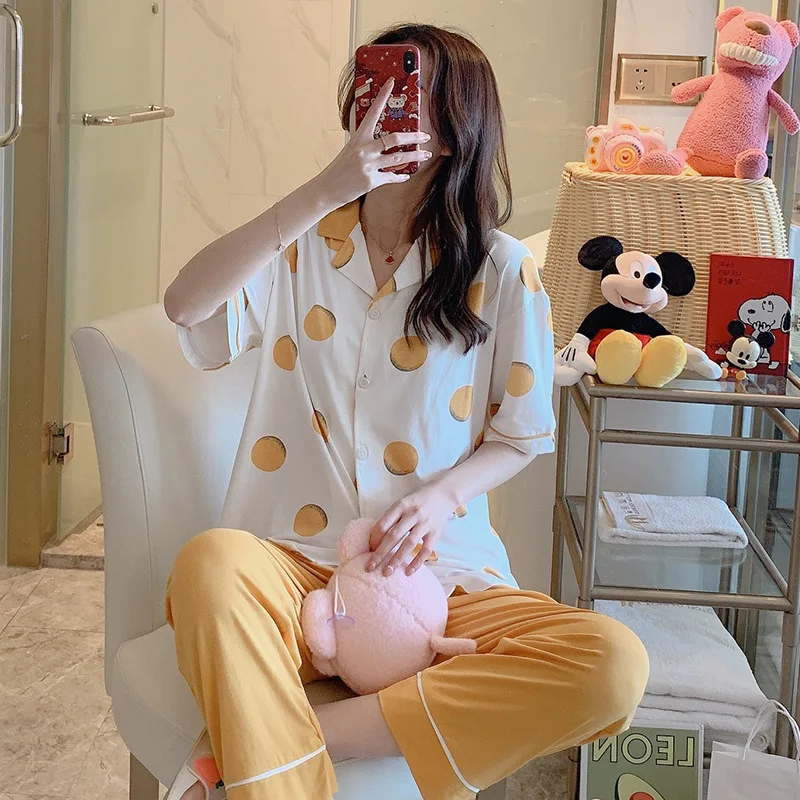 

Summer New Style Short Sleeve Pajamas Pure Cotton Short Sleeve Cropped Pants Cardigan Fold-down Collar Casual Tracksuit Comforta