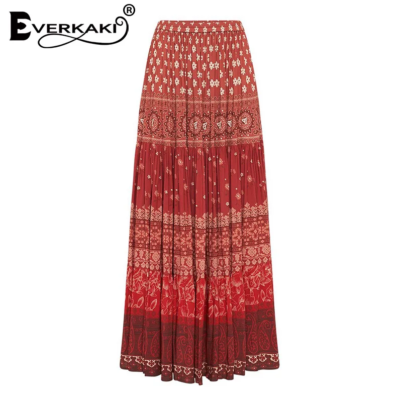 Everkaki Boho Цветочный принт женские длинные юбки эластичная талия красная винтажная юбка в стиле бохо женские брюки Осень новинка - Цвет: Red