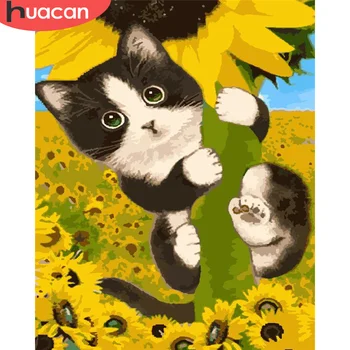 

HUACAN DIY Painting By Number Cat Drawing On Canvas Gift Pictures By Numbers Sunflower Kits Hand Painted Painting Art Home Decor
