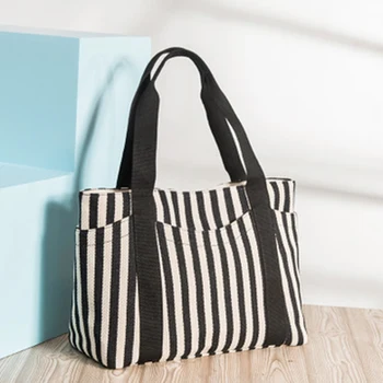 

2020 fashion handbags, striped canvas women's shoulders, simple temperament, tote mummy, canvas bag