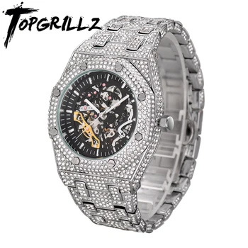 TOPGRILLZ Mechanical Luxury Rhinestones Watches White Gold Shine Mens Watches Stainless Steel Watch Quality Business Watch 1