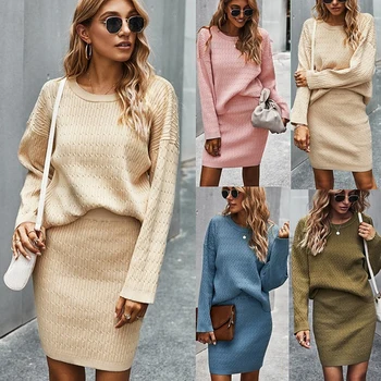 

Women Clothing Set Long Sleeve Autumn Winter Knitted Office Ol Ladies Outfits Round Neck Blouses + Skirt Female Clothes Set D30