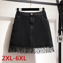 

Mini Denim Skirt Plus Size Fat MM Women 2021 Summer Black Mesh Lace Patchwork Jeans High Waist A-line Skirts