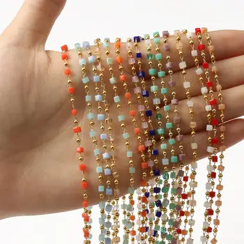 

1 meter Gold Color Wire Wrapped Rosary Chain Square Crystal Stone Chains for Jewelry Making Handmade DIY Craft Bracelet Necklace