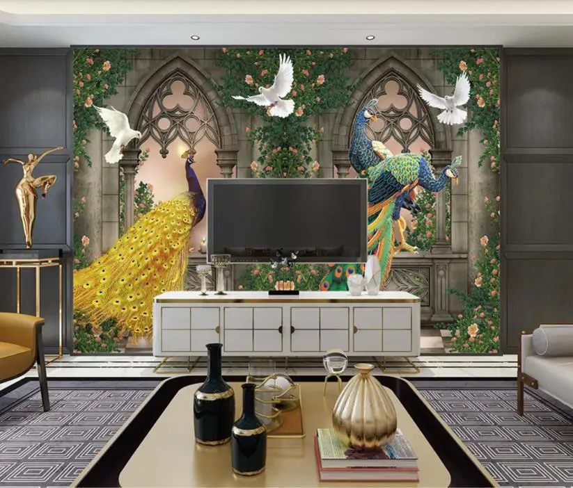 Custom 3D wallpaper Roman column forest peacock wall murals For living room bedroom TV backdrop photo wallpapers on the | Обустройство
