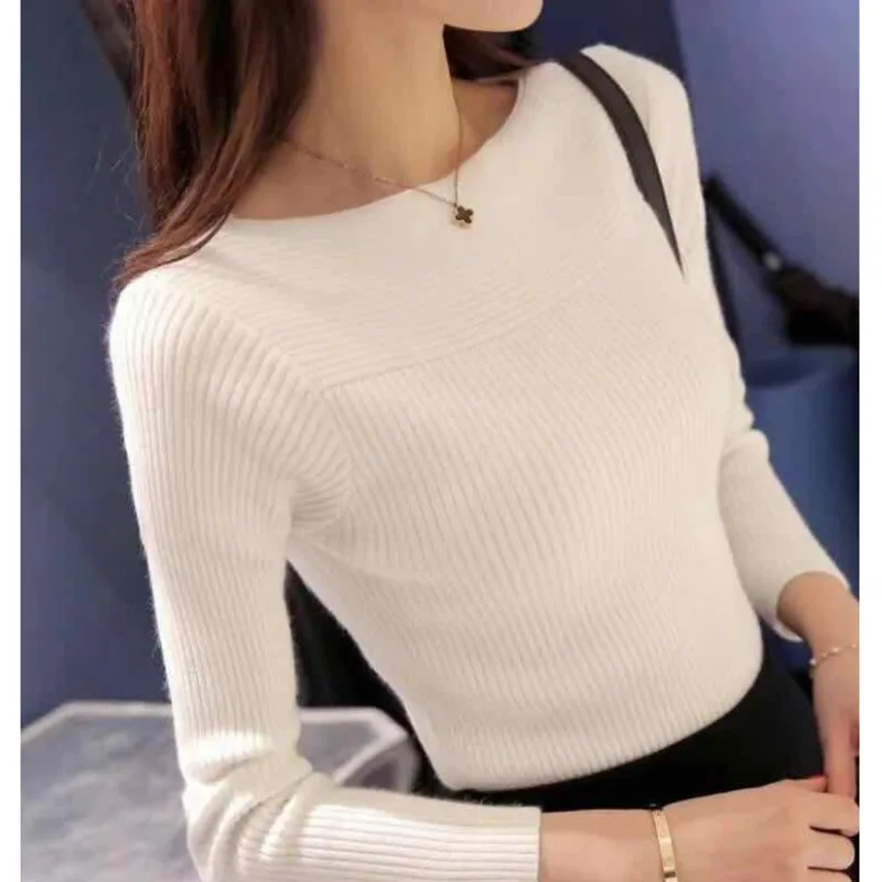 

2020 Lash Neck Women's Sweater Slim Long Sleeve Threaded Pullover Solid Color Tops Basic Wear Pull Femme Ez*