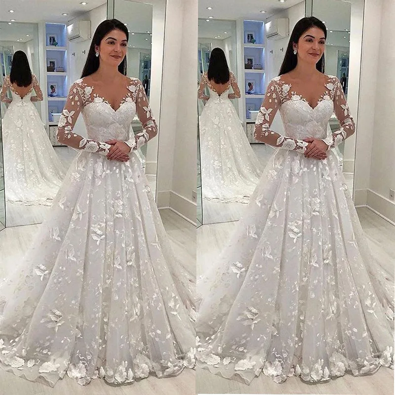 

Uguest 2019 Sexy Women White Lace Long Dress Deep V-neck Long Mesh Lace Sleeve A-line Pleated Floor-length Party Vacation Dress