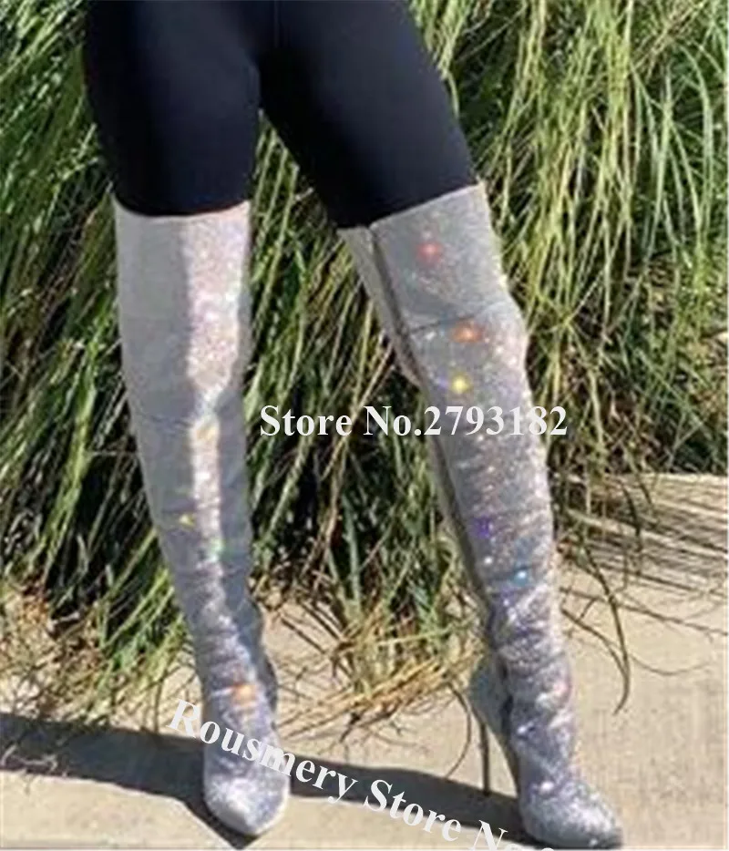 

Women Luxurious Bling Bling Pointed Toe Over Knee Stiletto Heel Boots Silver Crystal long High Heel Boots Wedding Dress Boots