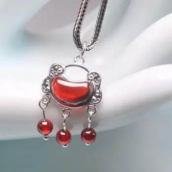 

Real 925 Silver Necklace for Women Red Garnet Pattern Longevity Lock Lucky Pendant Wheat Chain Necklace Jewelry 20inch New