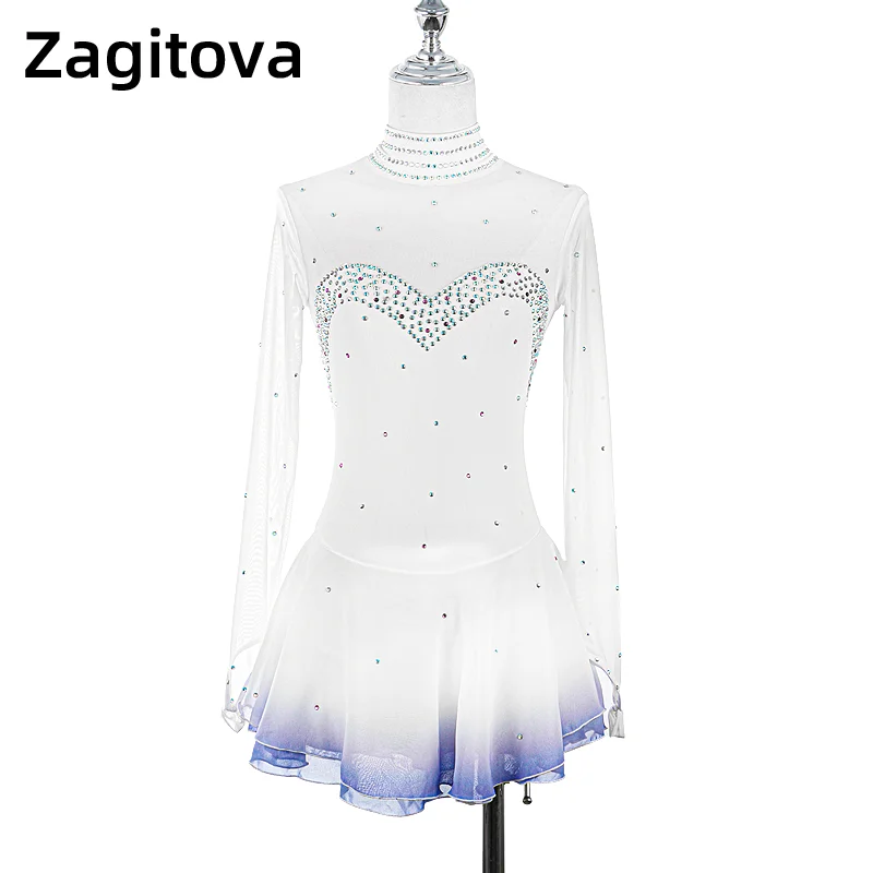 LIUHUO Custom Long Sleeved Figure Skating Dress Girls Ladies Royal Blue Velvet With Dense Rhinestones On Chest Skirt Edge