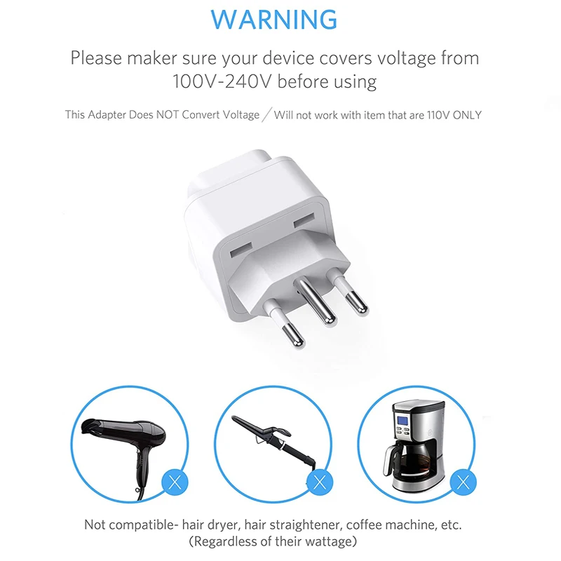 Brazil South Africa Travel Plug Adapter Grounded Universal Type N Plug Adapter BR To US-Ultra Compact For Brazil South
