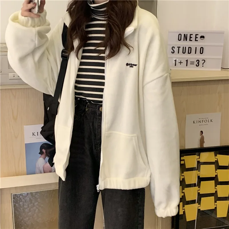 Ropa invierno para Mujer, chaqueta con cremallera, sudadera, Sacos De Vestir, Abrigo informal Harajuku De tamaño y color sólido cuello De giro - AliExpress Ropa de mujer