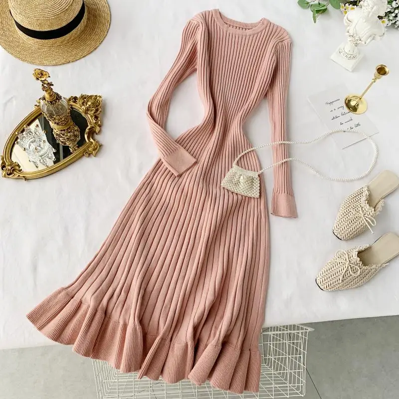 2019 Осень Зима Новый женский o образный вырез с длинным рукавом трикотажные платья