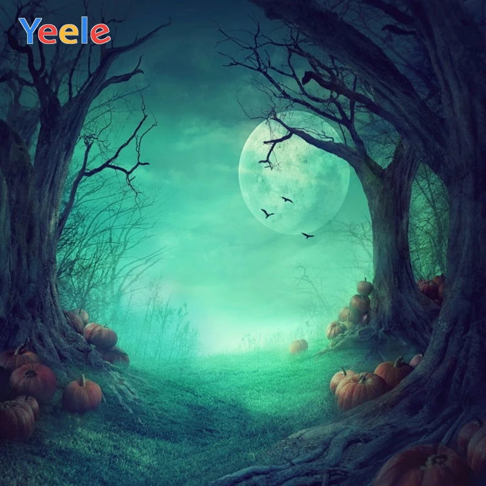 

Yeele Halloween Backdrop Pumpkin Lantern Forest Moon Night Bat Custom Vinyl Photography Background For Photo Studio Photocall