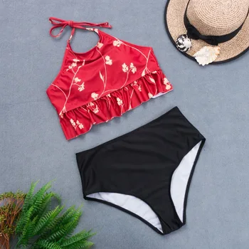 

High Neck Bikinis Women Swimwear New Floral Print High Waist Bikini Set Push Up Biquini Ruffle High Neck Swimsuit Bathing Suit