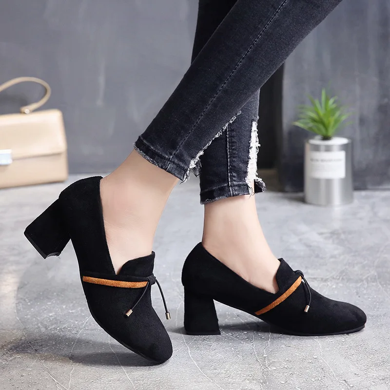 

Korean-style New Style Chunky-Heel Shallow Mouth Single Shoes Women's Suede Mixed Colors Breathable Low-top Shoes Women's Semi-h