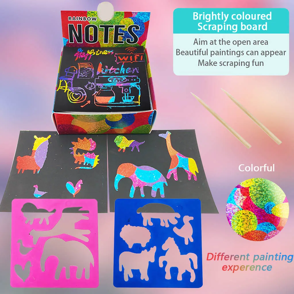 Scratch Notes Set Doodle Art With 100 Holographic Rainbow Paper 2 Stylus Stencils Magic montessori toys | Игрушки и хобби