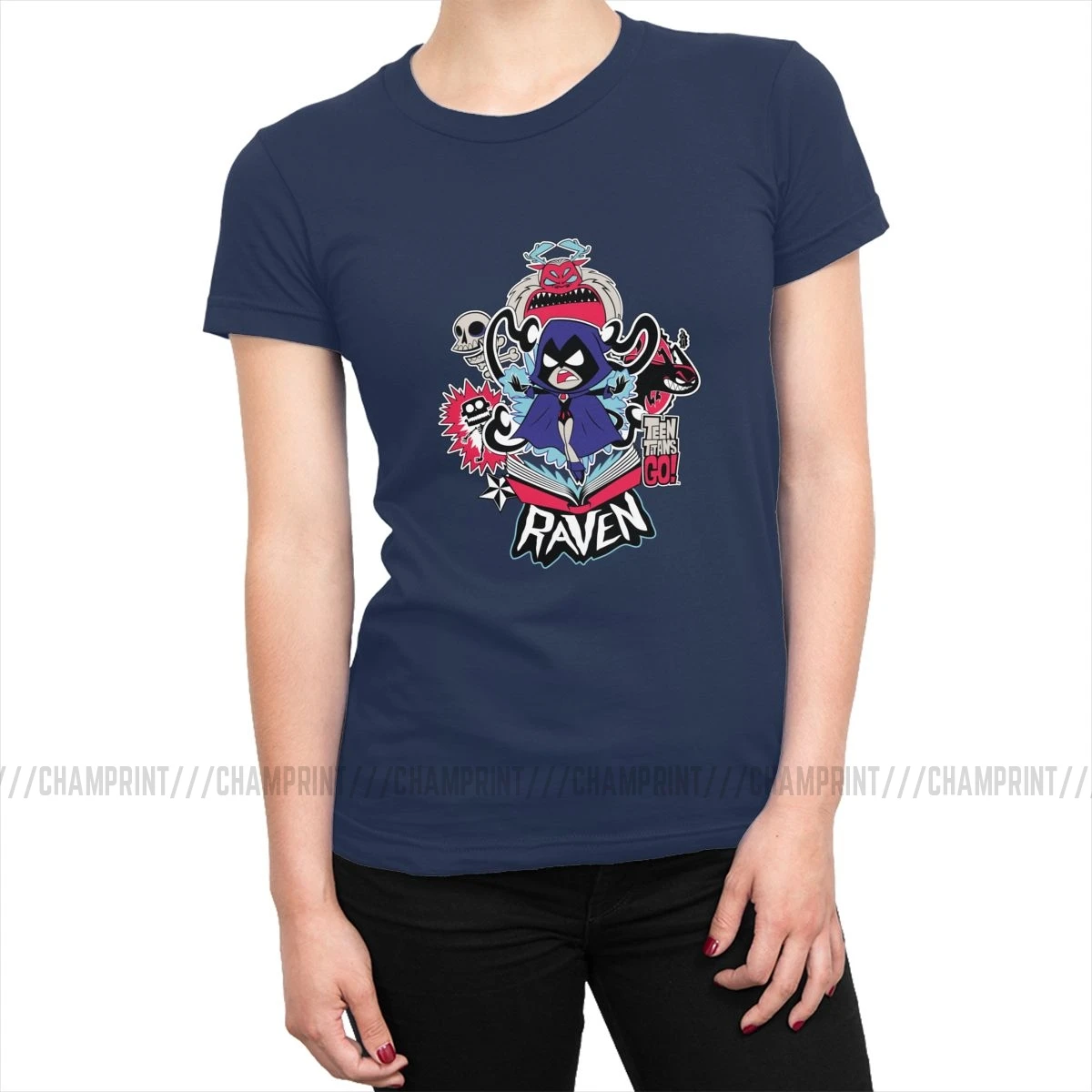 Teen Titans Go Raven Demonic Powers, графические футболки для женщин, футболки tumblr с круглым вырезом, топы, хипстерская одежда для женщин, большие размеры - Цвет: Тёмно-синий
