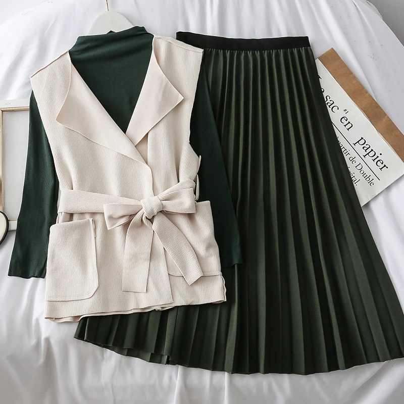 

Mooirue Autumn Vintage Women 3 Piece Outfits Turtleneck T-shirt+Vest With Sashes+High Waist Pleated Skirt Casual Streetwear Set