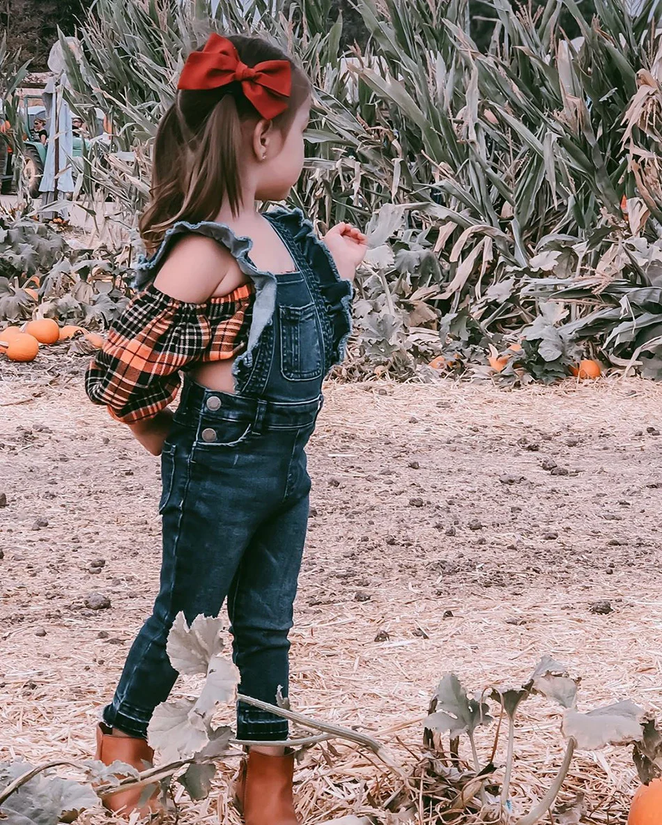 

Spring Summer Fashion Kids Baby Girl Clothes Sets 1-6Y Plaid Print Balloon Sleeve Vest Crop Top Denim Suspender Pants Outfit