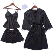 Женский элегантный Шелковый Атласный халат комплект Половина рукава халат и сексуальная ночная рубашка кружевной пижамный комплект модный костюм для женщин