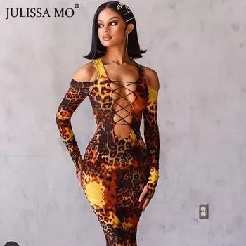 

JULISSA MO Sexy Bandage Leopard Print Dress Women Hollow Out Bodycon Long Dress Winter Female Multicolor Night Party Vestidos