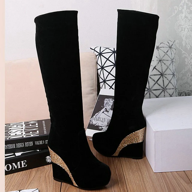 Botas hasta la rodilla plataforma y cuña para mujer, botines de alto y punta redonda, talla grande 43, otoño e invierno, 2021 _ - AliExpress Mobile