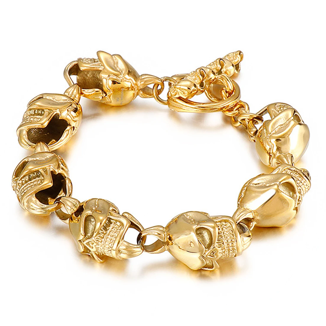 

Granny Chic Punk Men Gold Color 316L Stainless Steel Skull Skeleton Link Chain Wrist Bracelet Bangle Jewelry Gift 13mm*22cm