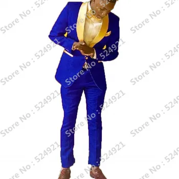 

Newest Groomsmen Shawl Gold Lapel Groom Tuxedos Royal Blue Pattern Men Suits Wedding/Prom Best Man( Jacket + Pants + Tie ) Z107