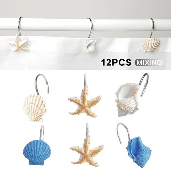 

12pcs Resin Decorative Seashell Starfish Shower Curtain Hooks Hanger Rails Home Hotel Bathroom Beach Shell Decor Hook Organizer