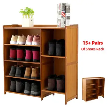 

4 Tier Folding Multi-layer Shoe Rack Simple Household Economic Racks Door Storage Rack Bamboo Shoe Cabinet 15 Pairs Space Saving