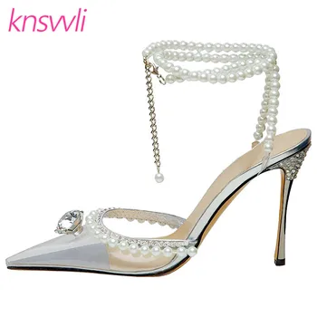 

Rhinestone High Heels Shoes Women Luxury Clear PVC Pearl Chain Ankle Buckle Strap Pumps Crystal Stiletto Dress Party Shoes Woman